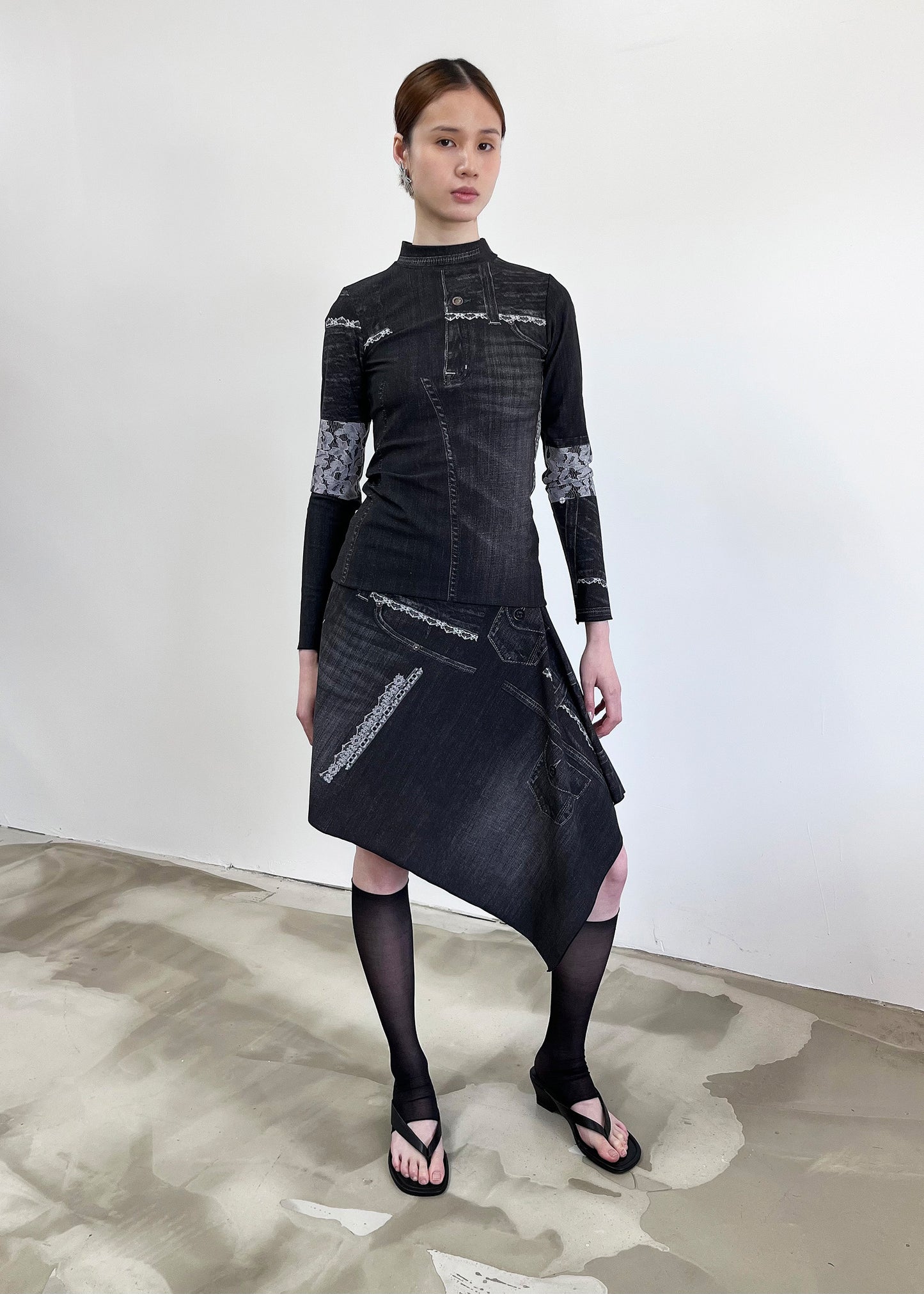 Nightwarp Top- Black Trompe L'oeil Denim