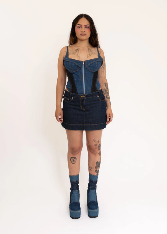 Mugler Panelled denim bustier bodysuit