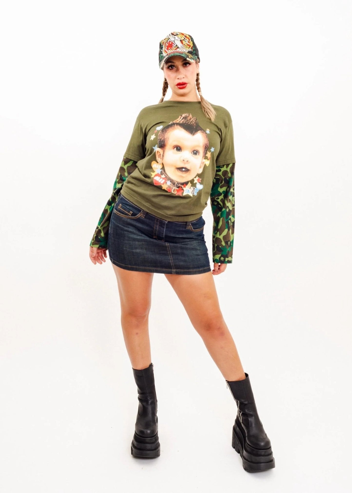 Heavy Metal Pierced Punk Baby Tee with camo sleeves