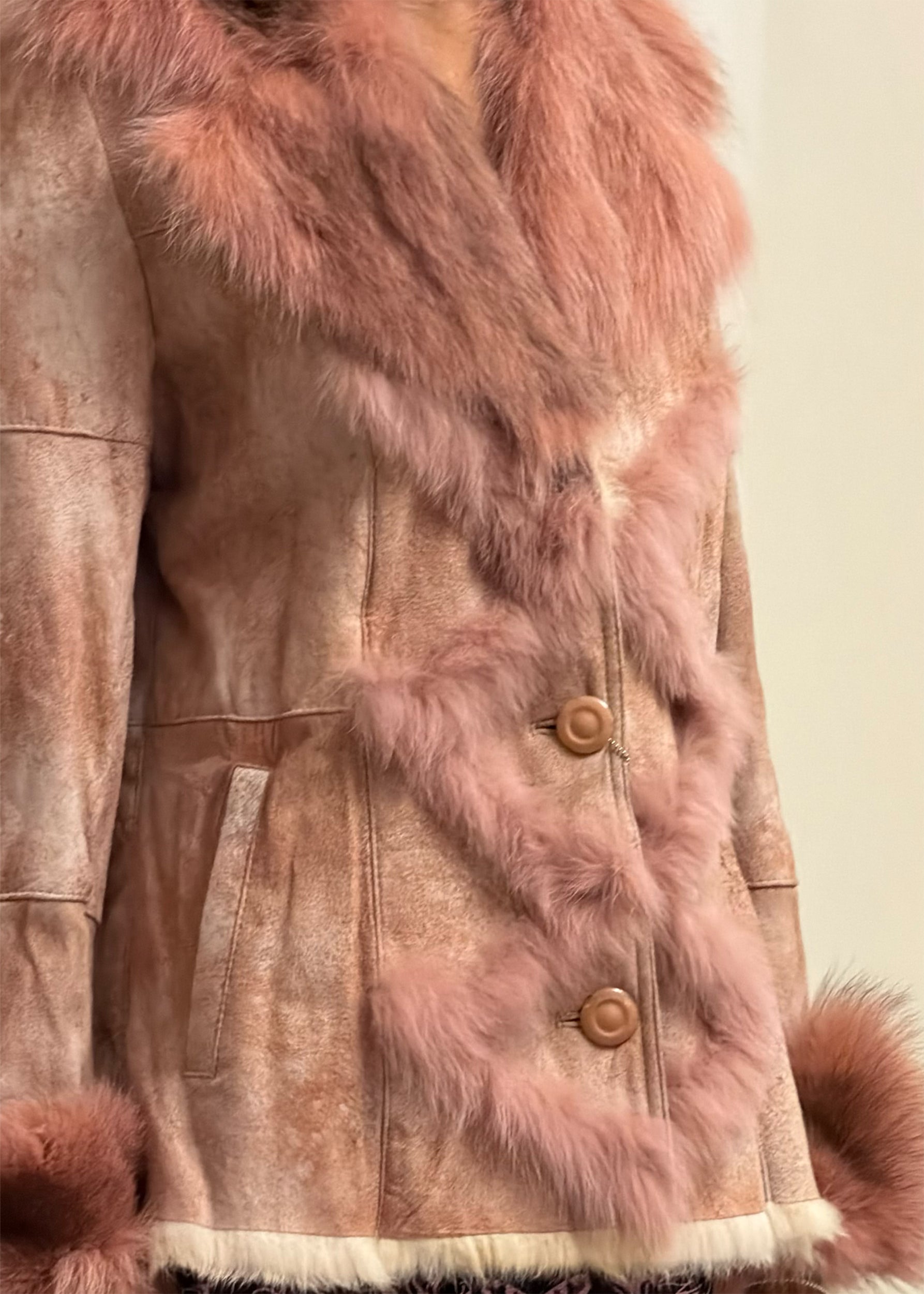 Japanese y2k dead stock pink suede coat with fur trim Bizarre Bazaar