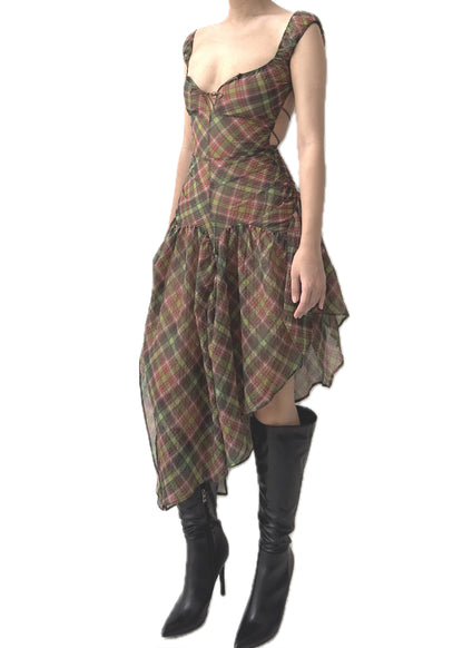 Plaid puff chiffon asymmetric dress- Earth Tartan