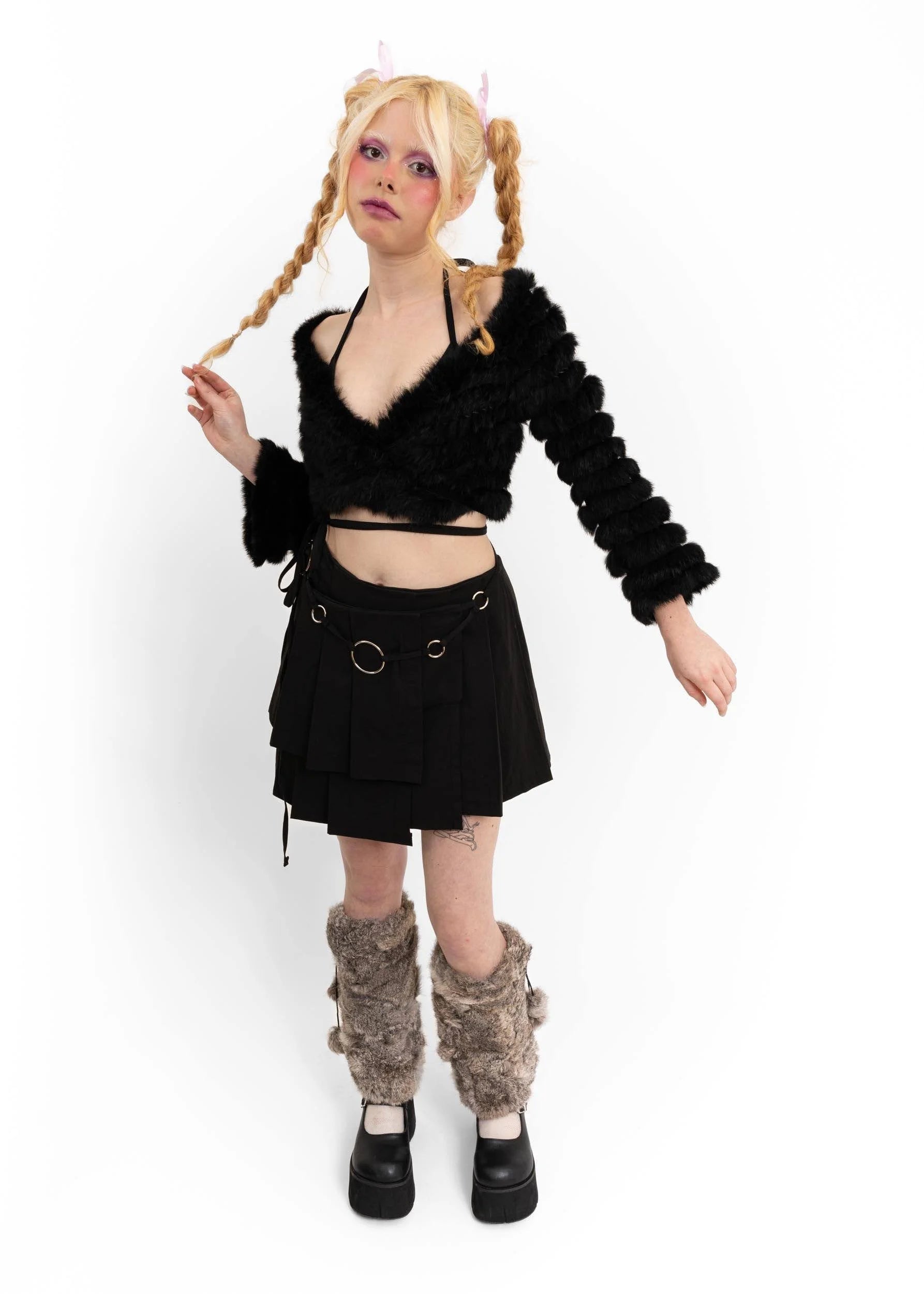 Karaoke Superstars Pīwakawaka wrap tennis skirt- black