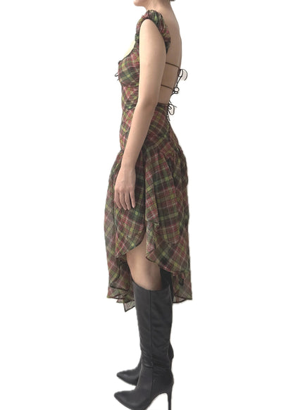 Taottao Plaid puff chiffon asymmetric dress- Earth Tartan Bizarre Bazaar
