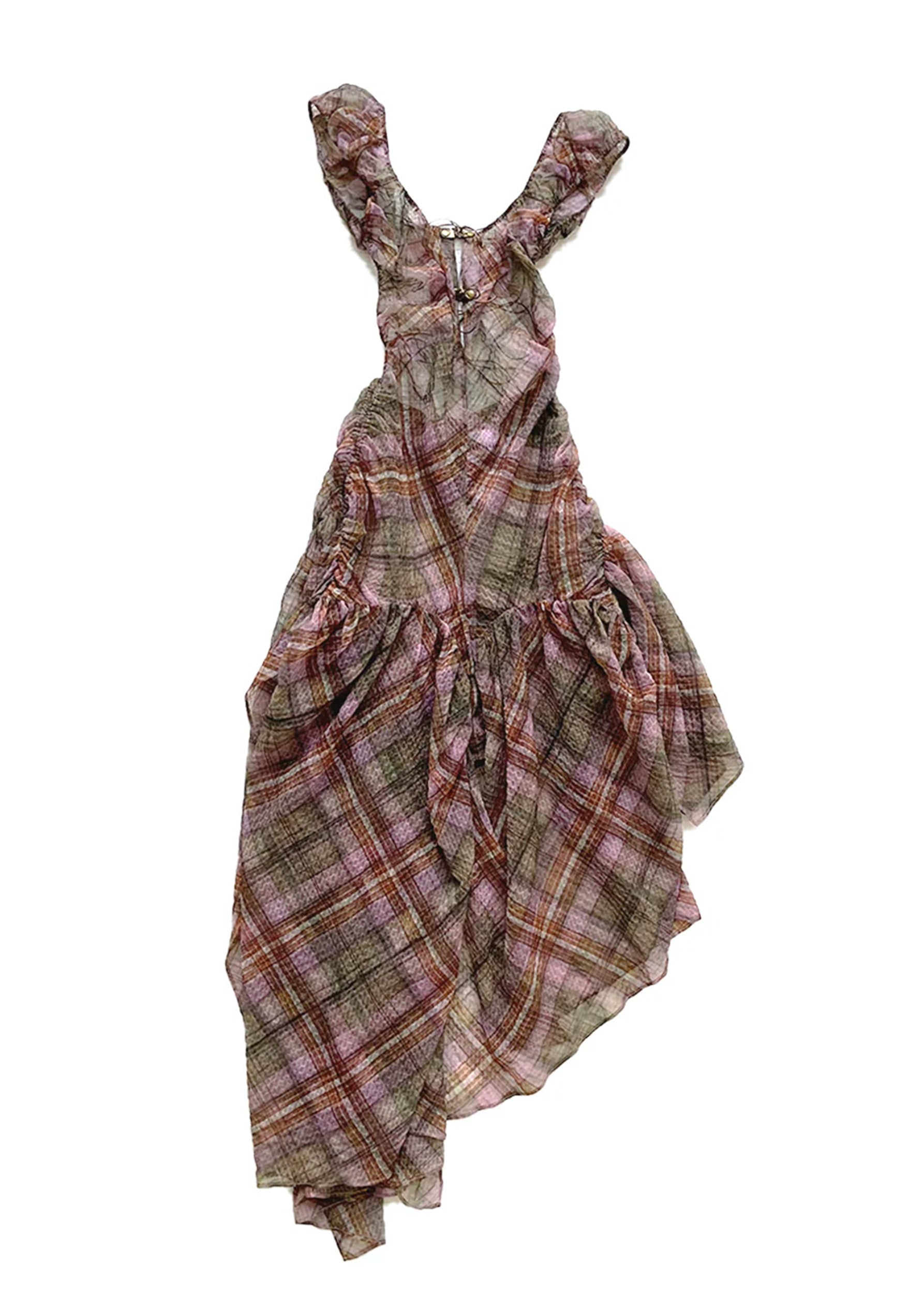 Taottao Plaid puff chiffon asymmetric dress- Earth Tartan Bizarre Bazaar