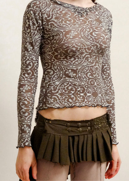 Ornate/ Filigree Screen Printed Mesh Top