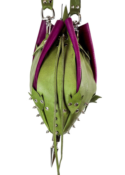 Leather Rosebud Bag- Green/ Magenta