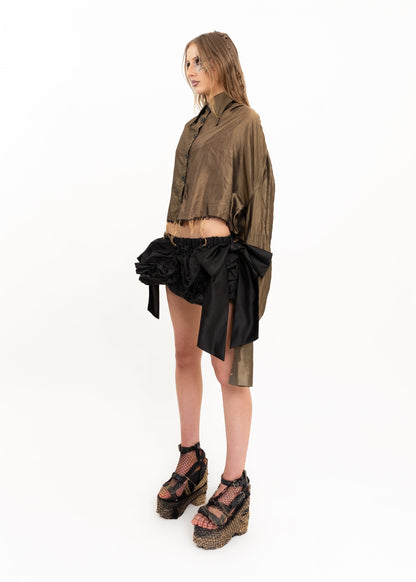 Thirty Nine Label Satin ruched mini skirt with bows Bizarre Bazaar