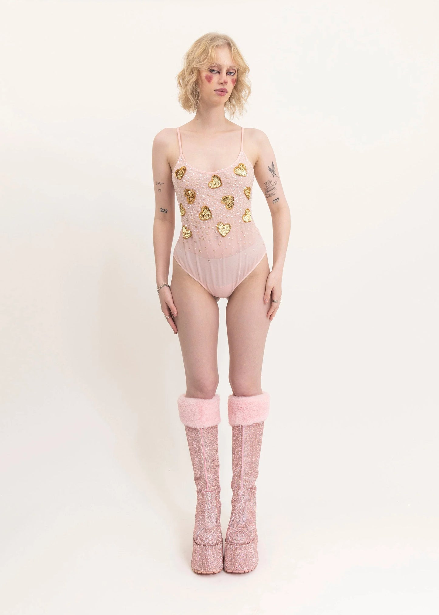 Dyspnea Sequinned heart bodysuit with pompom detail