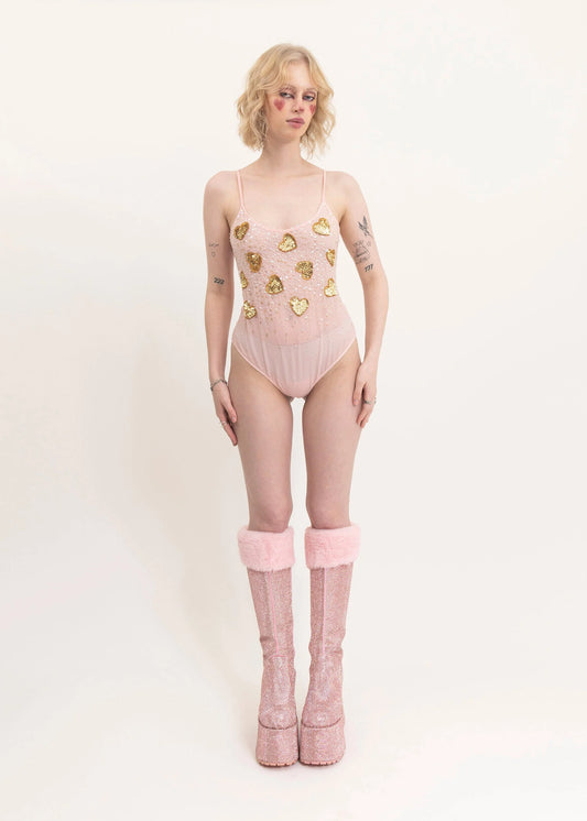 Dyspnea Sequinned heart bodysuit with pompom detail