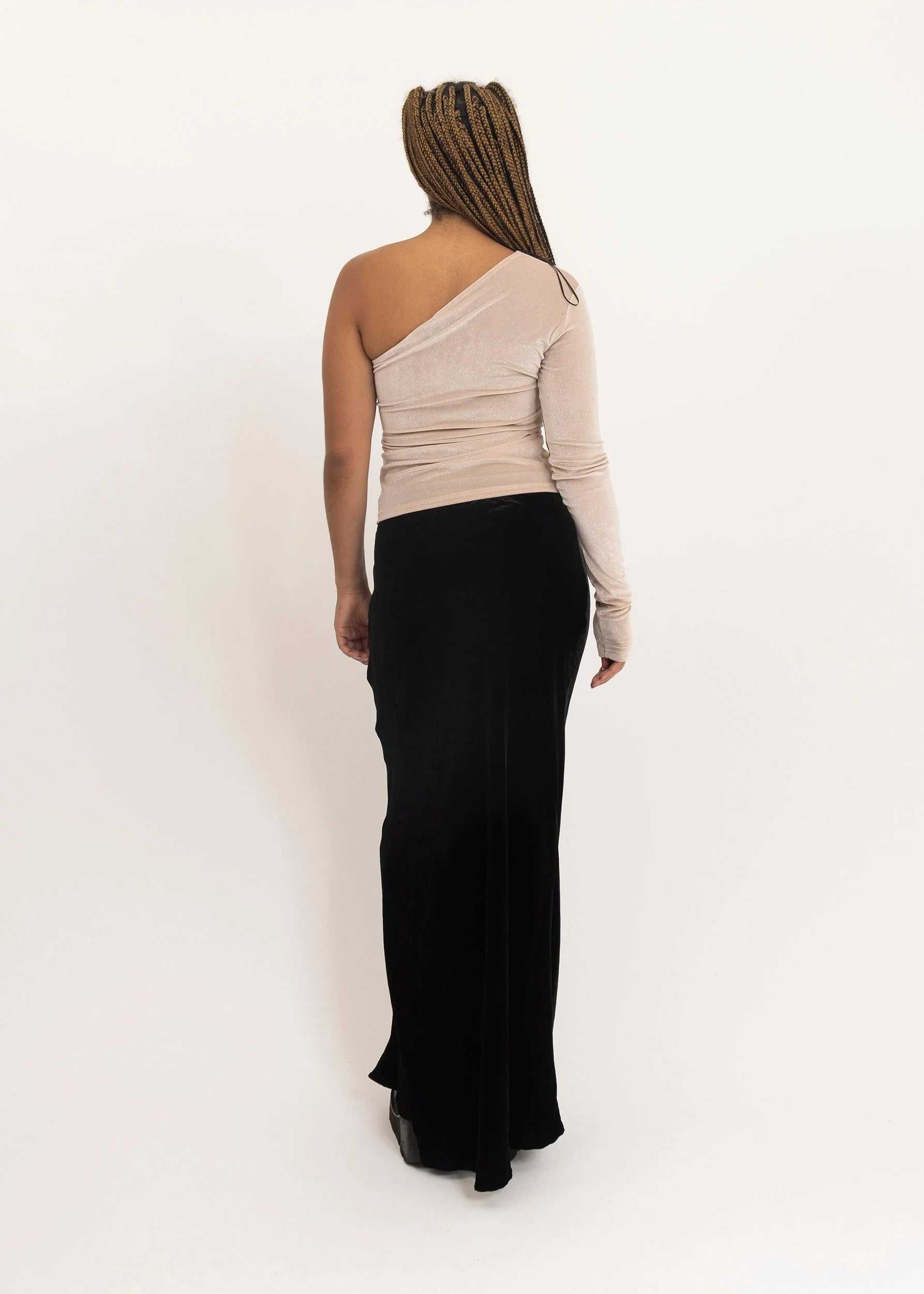 Jimmy D Shimmery velvet one shoulder top