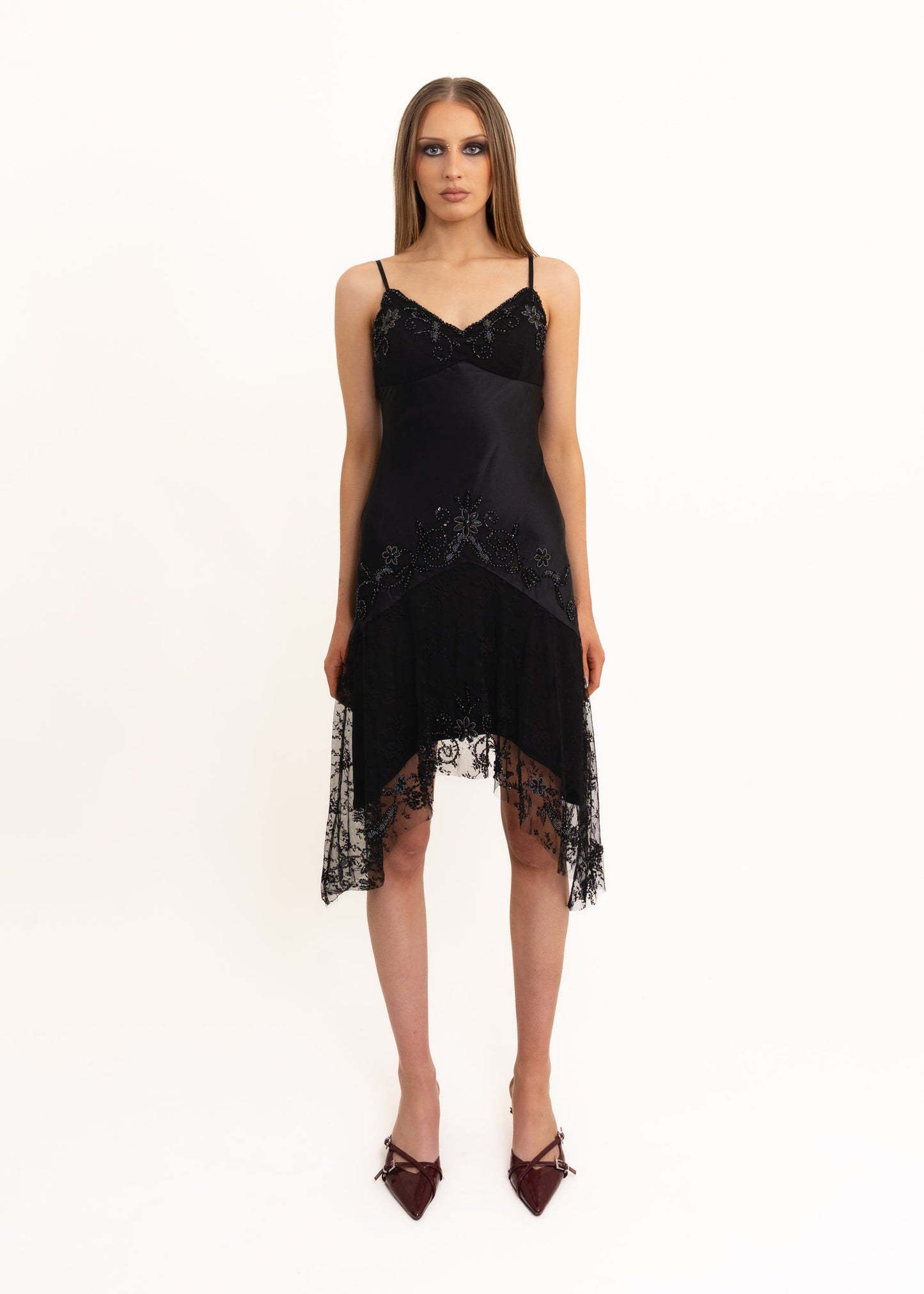 Japanese y2k silk beaded dress with handkerchief hem Bizarre Bazaar