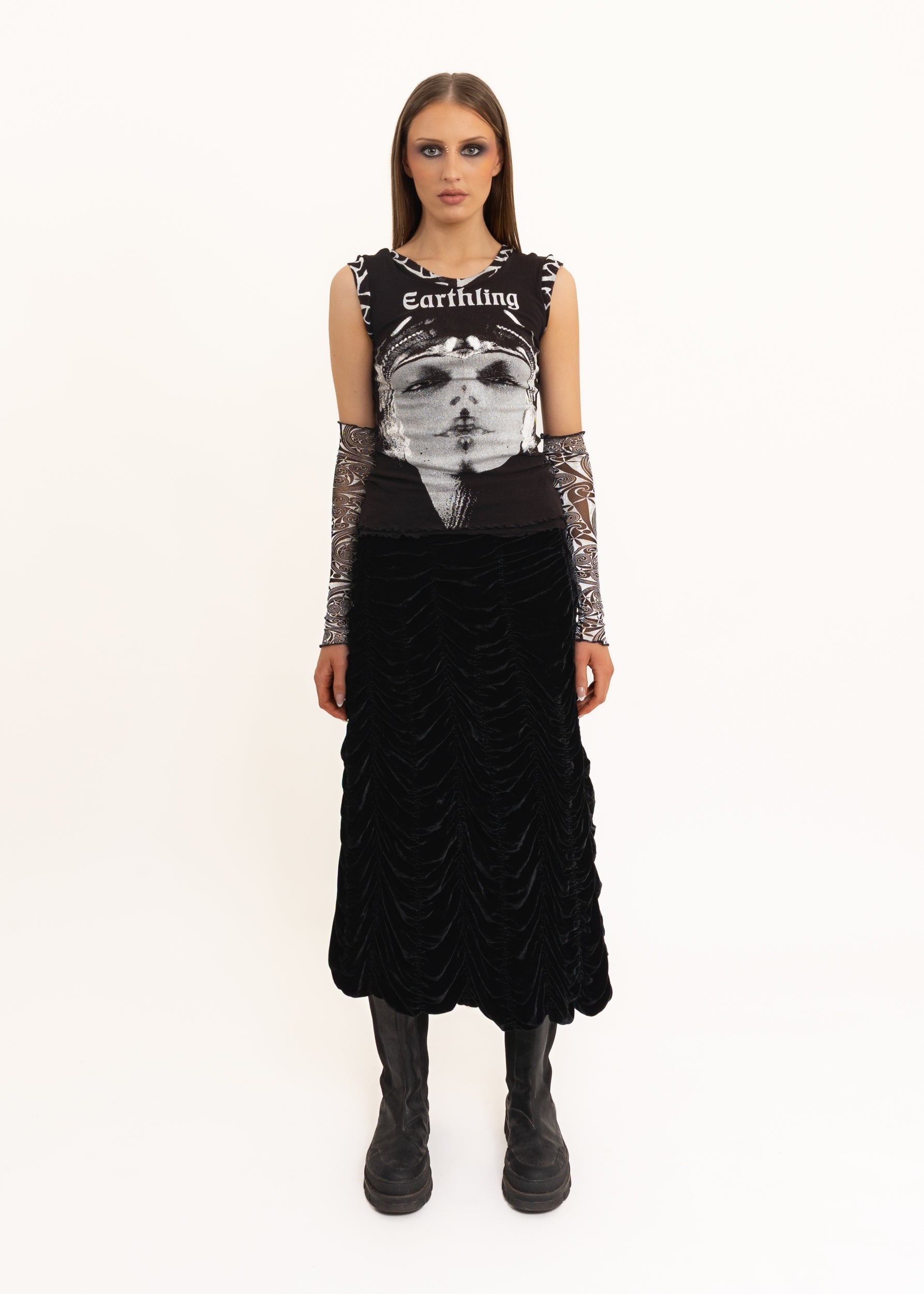 Silk velvet ruched midi skirt Bizarre Bazaar