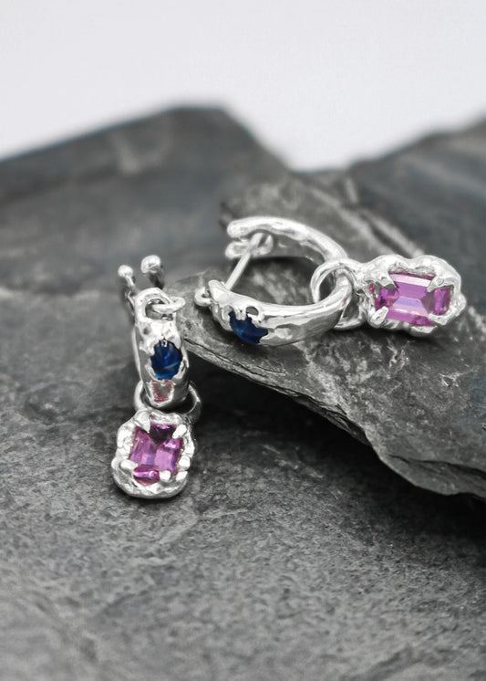 LRM Jewellery Silver gemstone drop hoop earrings