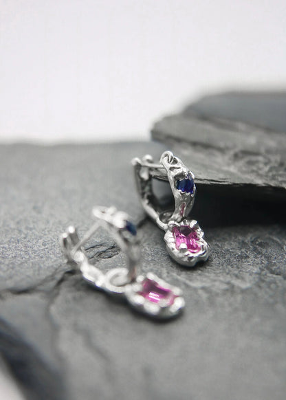 LRM Jewellery Silver gemstone drop hoop earrings