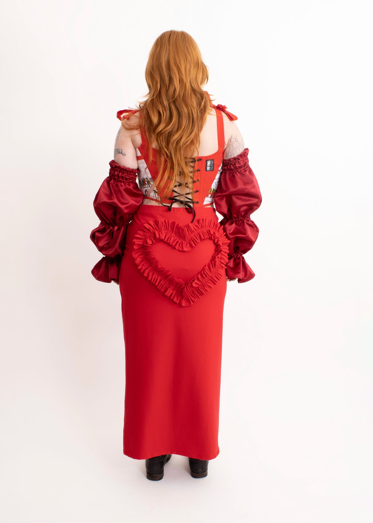 Elsie Gore Simone Ruffle Heart Midi Skirt- red