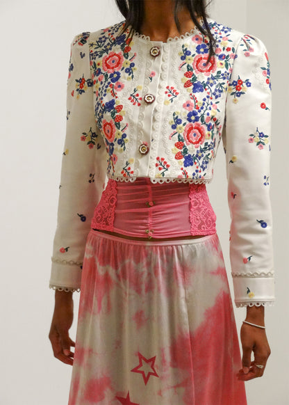 Embroidered puff sleeve vinyl jacket