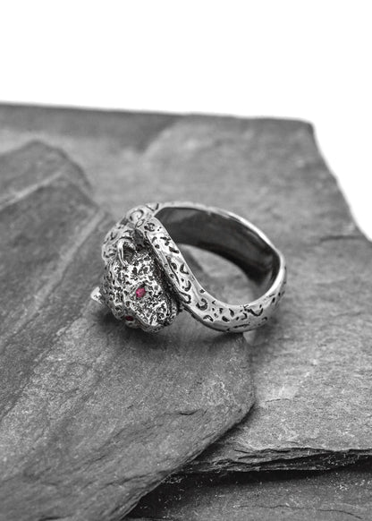 Nick Rule Sterling silver leopard ring with ruby eyes Bizarre Bazaar