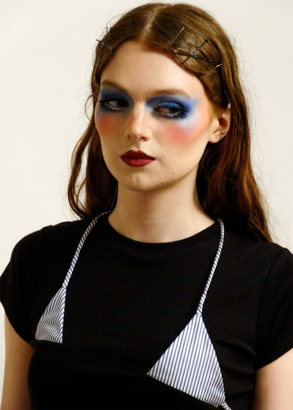 Off Cut Tee- Black + Blue/ White Stripe