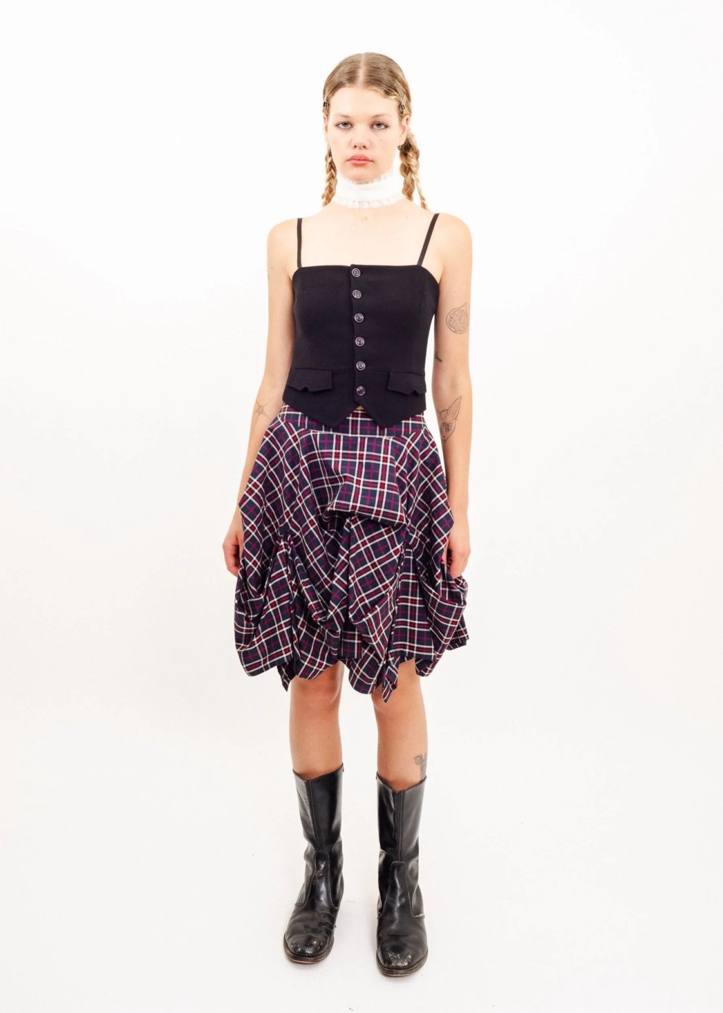 Atsuro Tayama Structured tartan pin tuck skirt