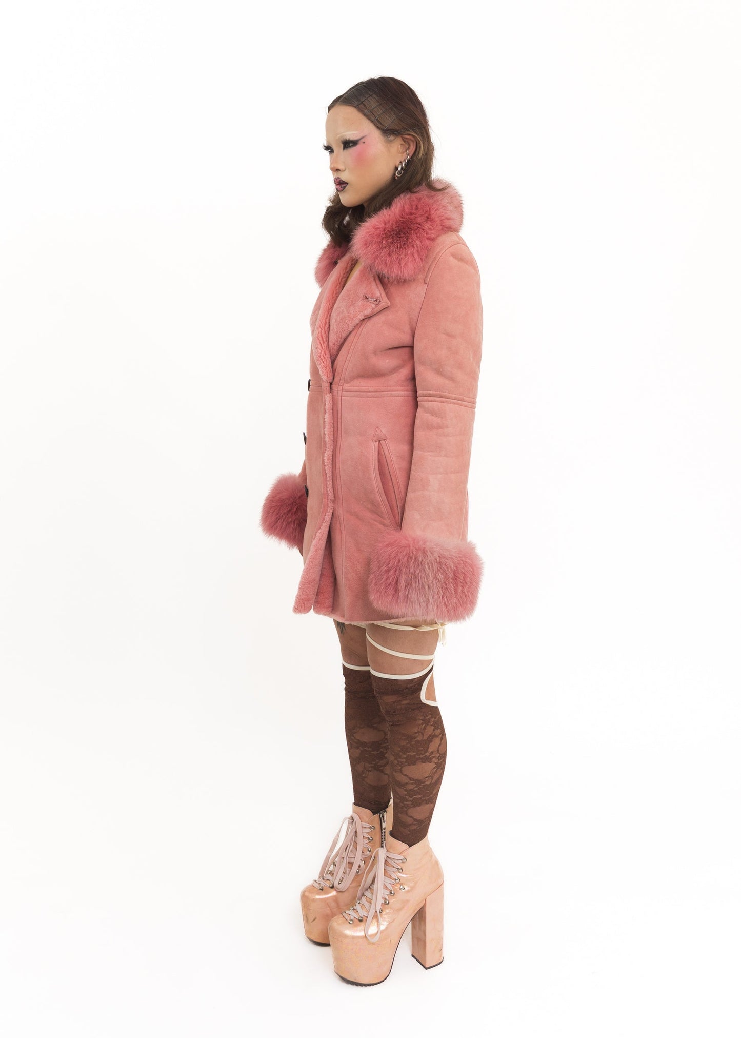 Japanese vintage pink suede coat with fur collar and cuffs Bizarre Bazaar