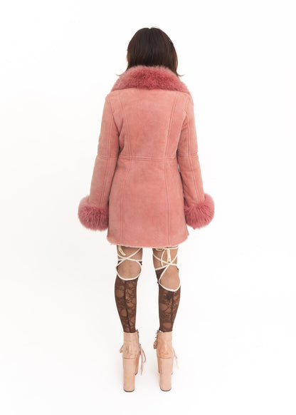 Japanese vintage pink suede coat with fur collar and cuffs Bizarre Bazaar