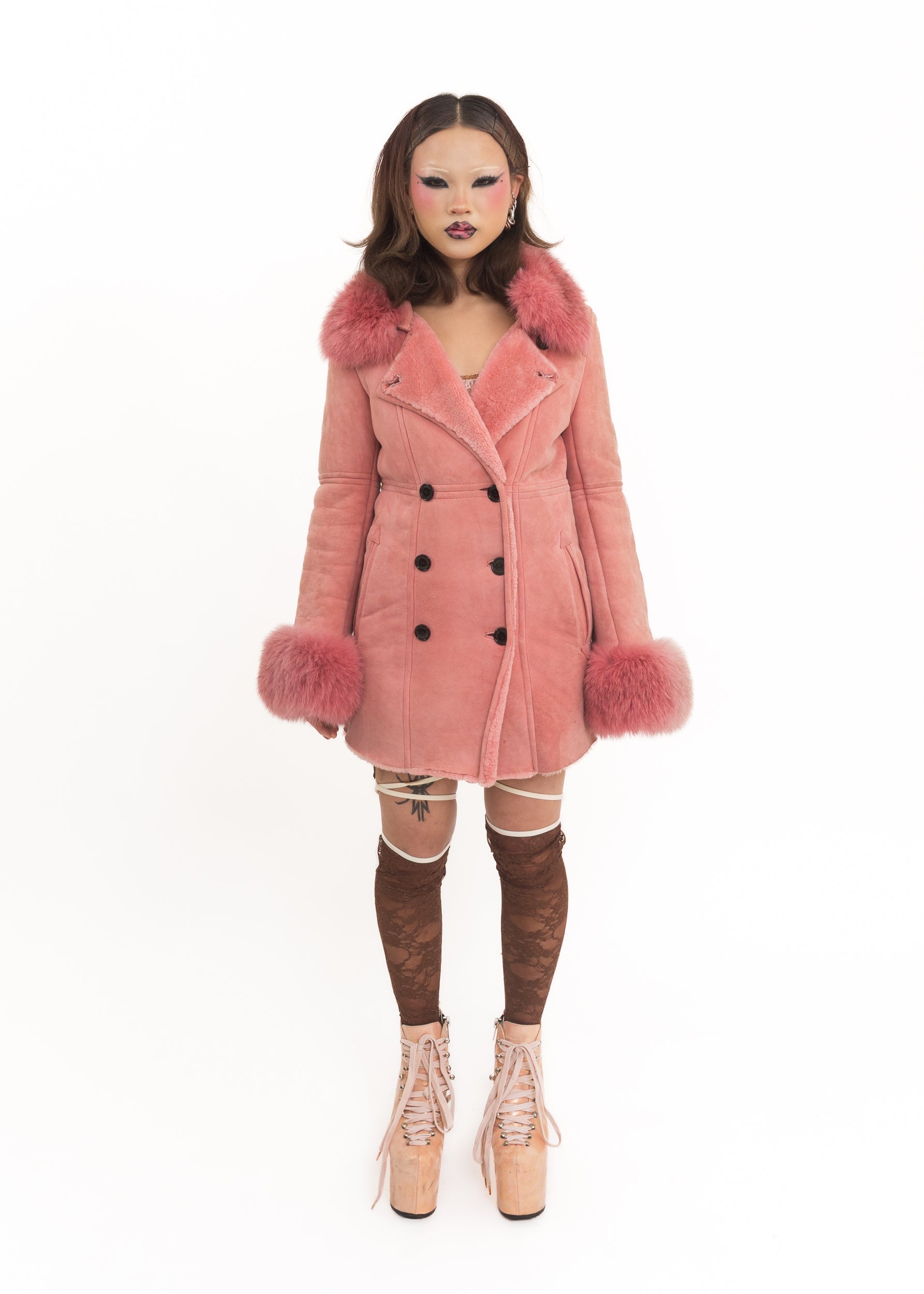 Japanese vintage pink suede coat with fur collar and cuffs Bizarre Bazaar