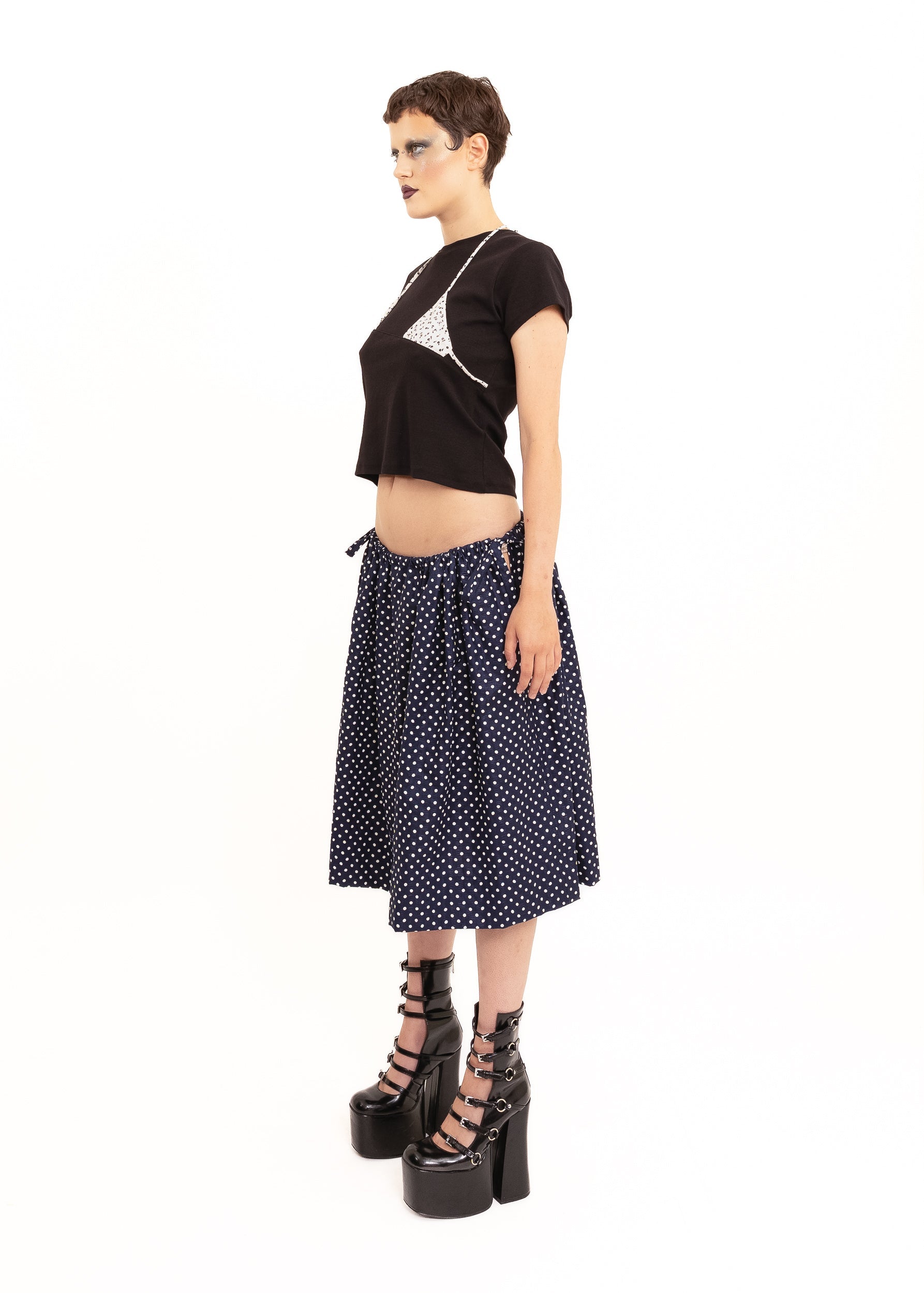 Rhoda Nunn Sunne Skirt- navy polkadot Bizarre Bazaar