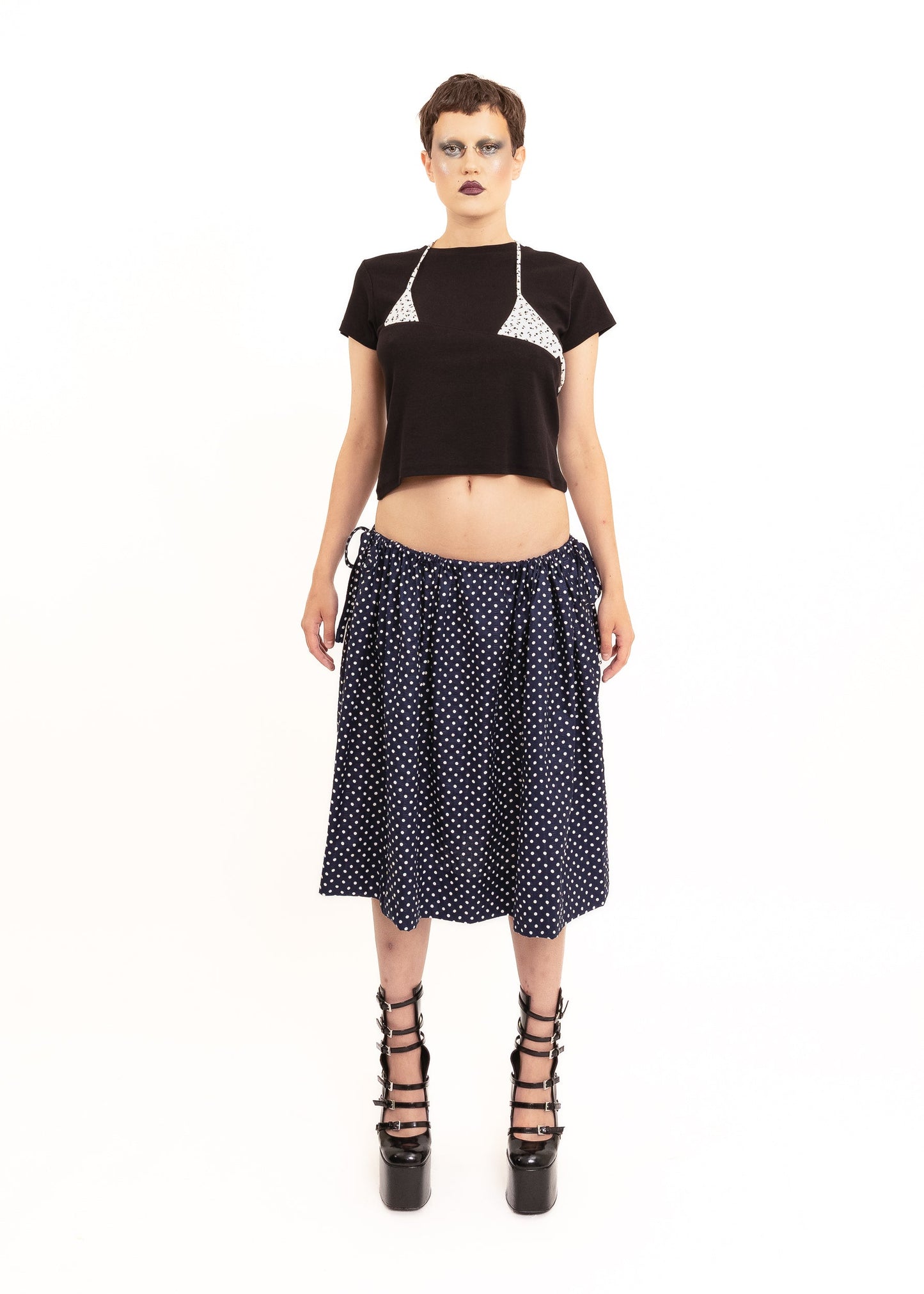 Rhoda Nunn Sunne Skirt- navy polkadot Bizarre Bazaar