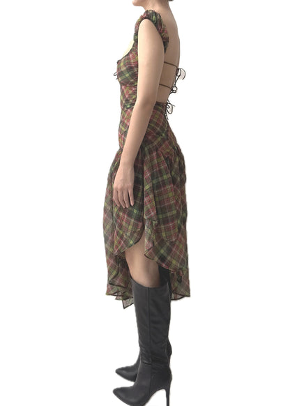 Plaid puff chiffon asymmetric dress- Earth Tartan