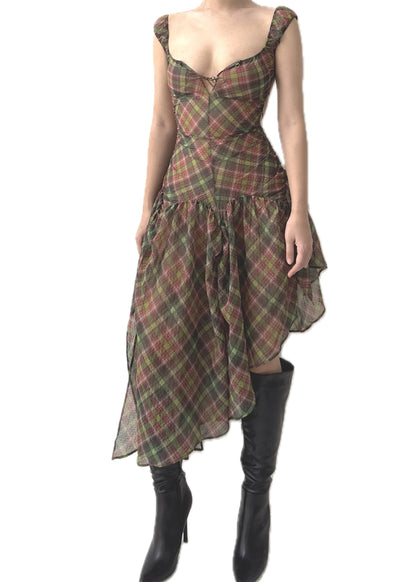 Plaid puff chiffon asymmetric dress- Earth Tartan