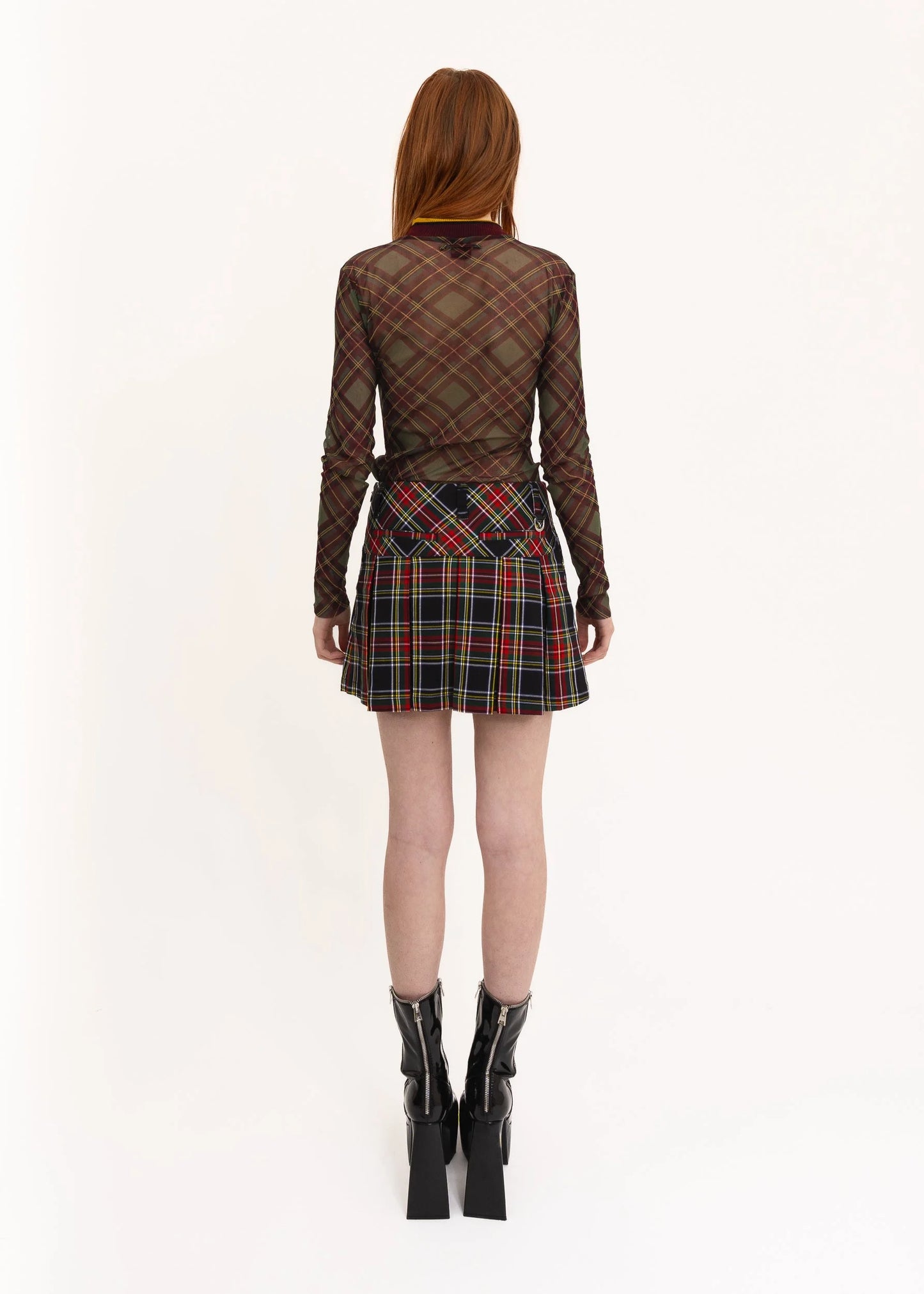 Jean Paul Gaultier Tartan mesh top with ribbed knit trims