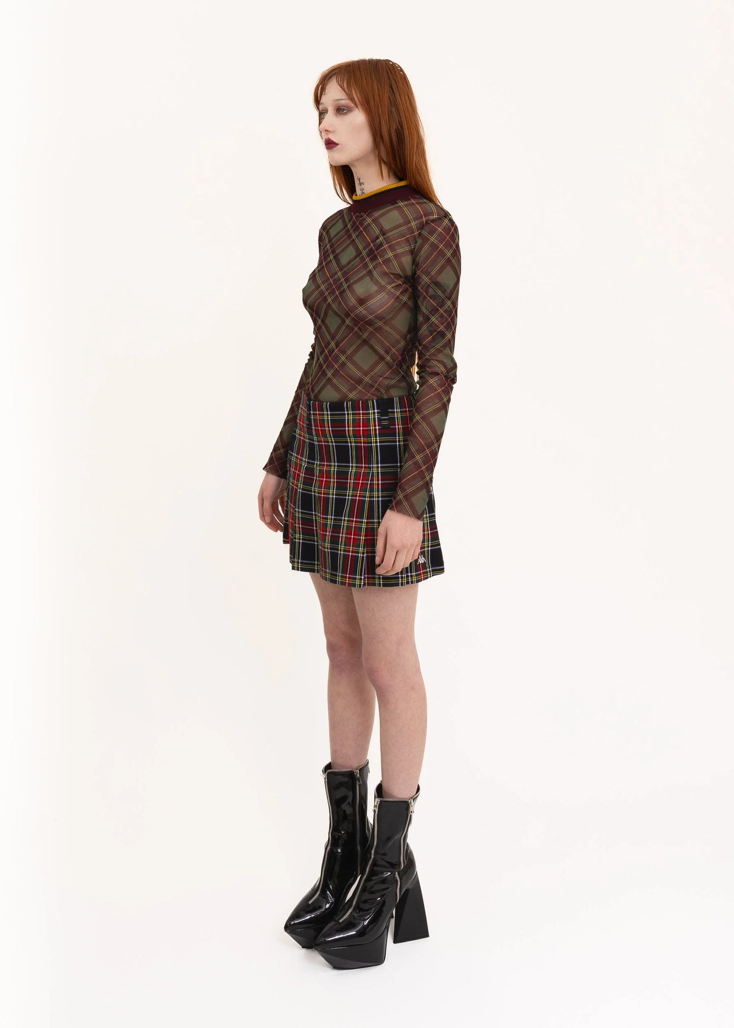 Jean Paul Gaultier Tartan mesh top with ribbed knit trims