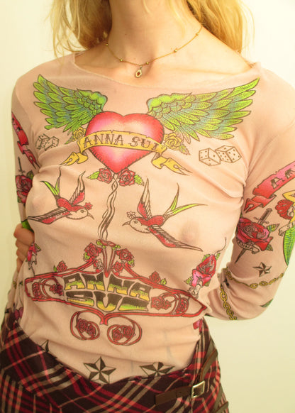 Anna Sui Tattoo print mesh top