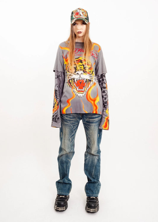 Ed Hardy by Christian Audigier Tiger tattoo print long sleeve tee