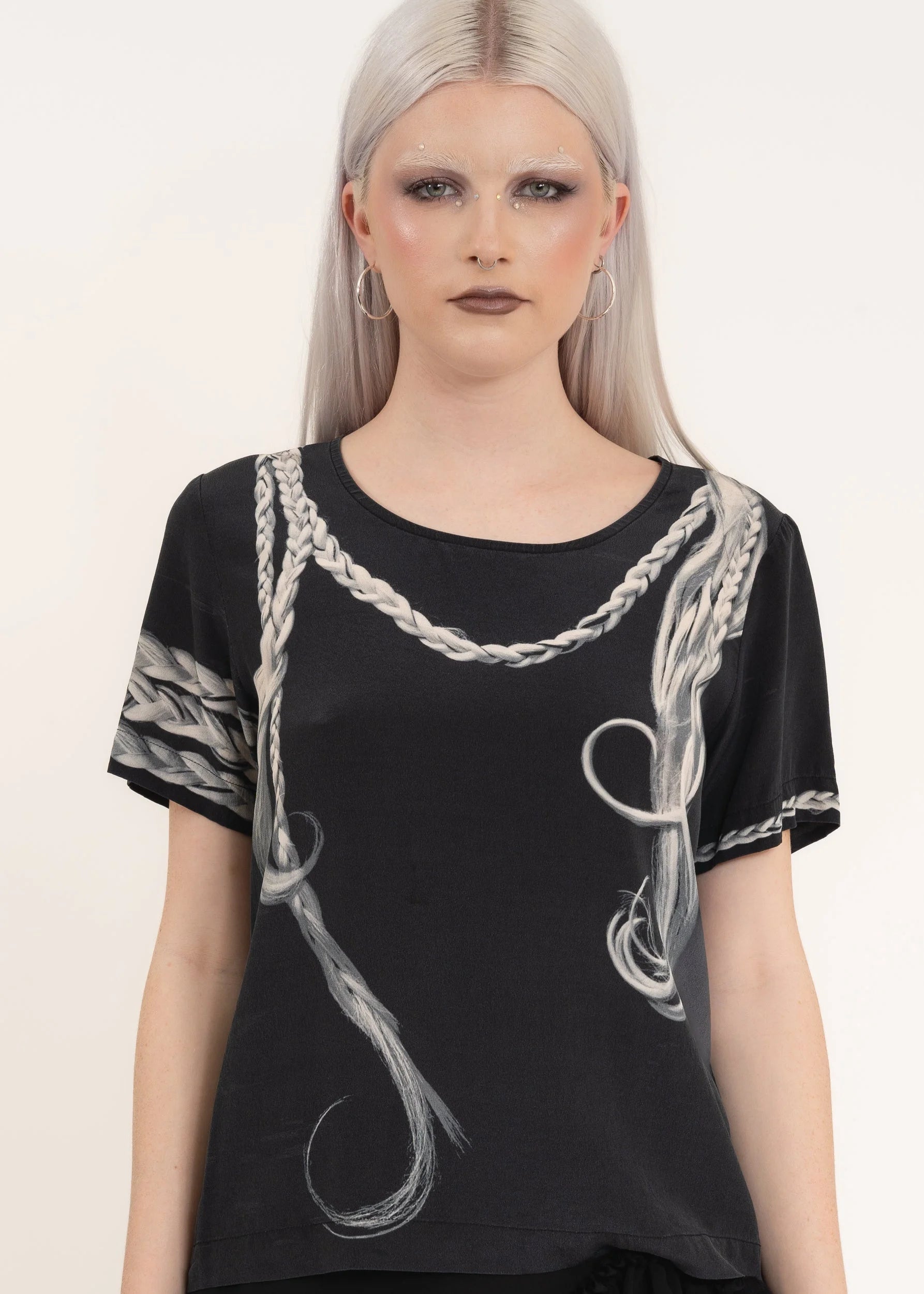 Emma Cook Trompe l’oeil hair print silk top