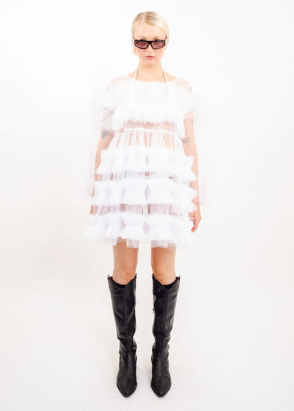 Jojo The Label Tulle Ruffled Mini Dress- White