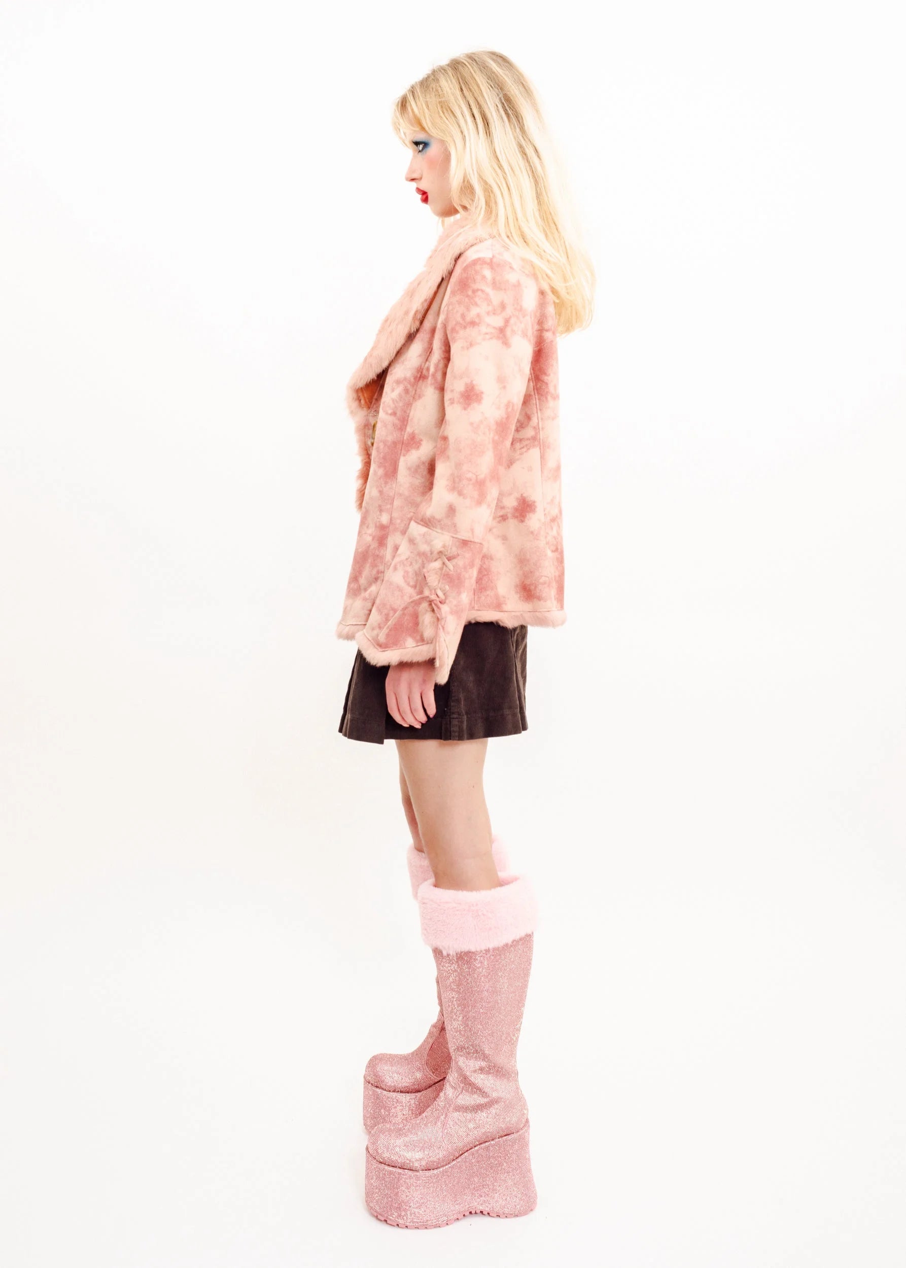 Renshi Variegated pink suede jacket with fur trims