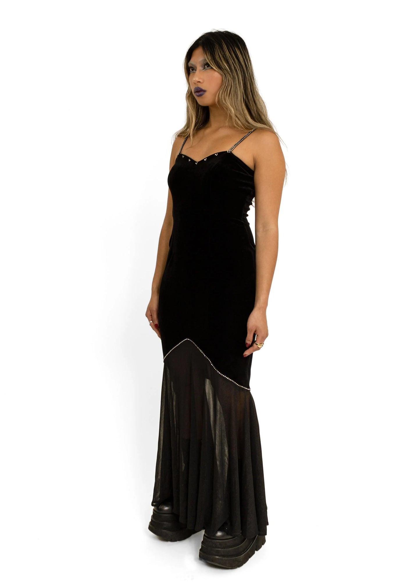 Bizarre Bazaar Velvet fishtail hem gown with rhinestone trim