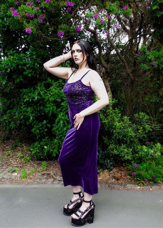 Velvet evening dress with glitter dot detail