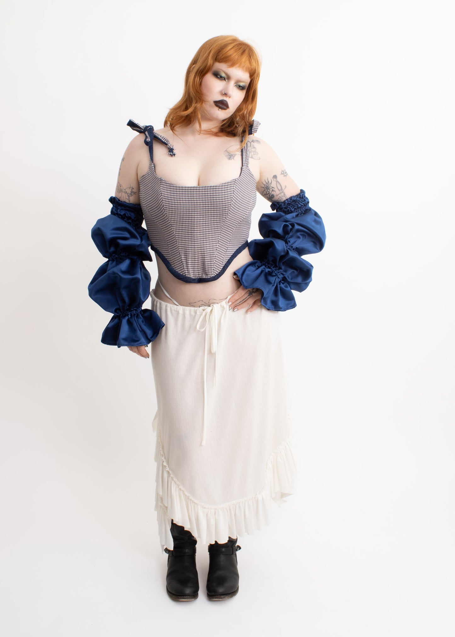 Pippin’s Apparel Vivienne reversible denim/ gingham corset