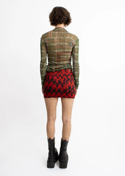 Jimmy D Warped tartan print silk mesh top