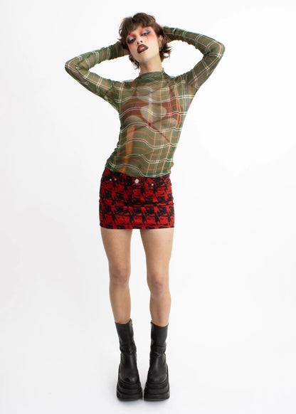 Jimmy D Warped tartan print silk mesh top