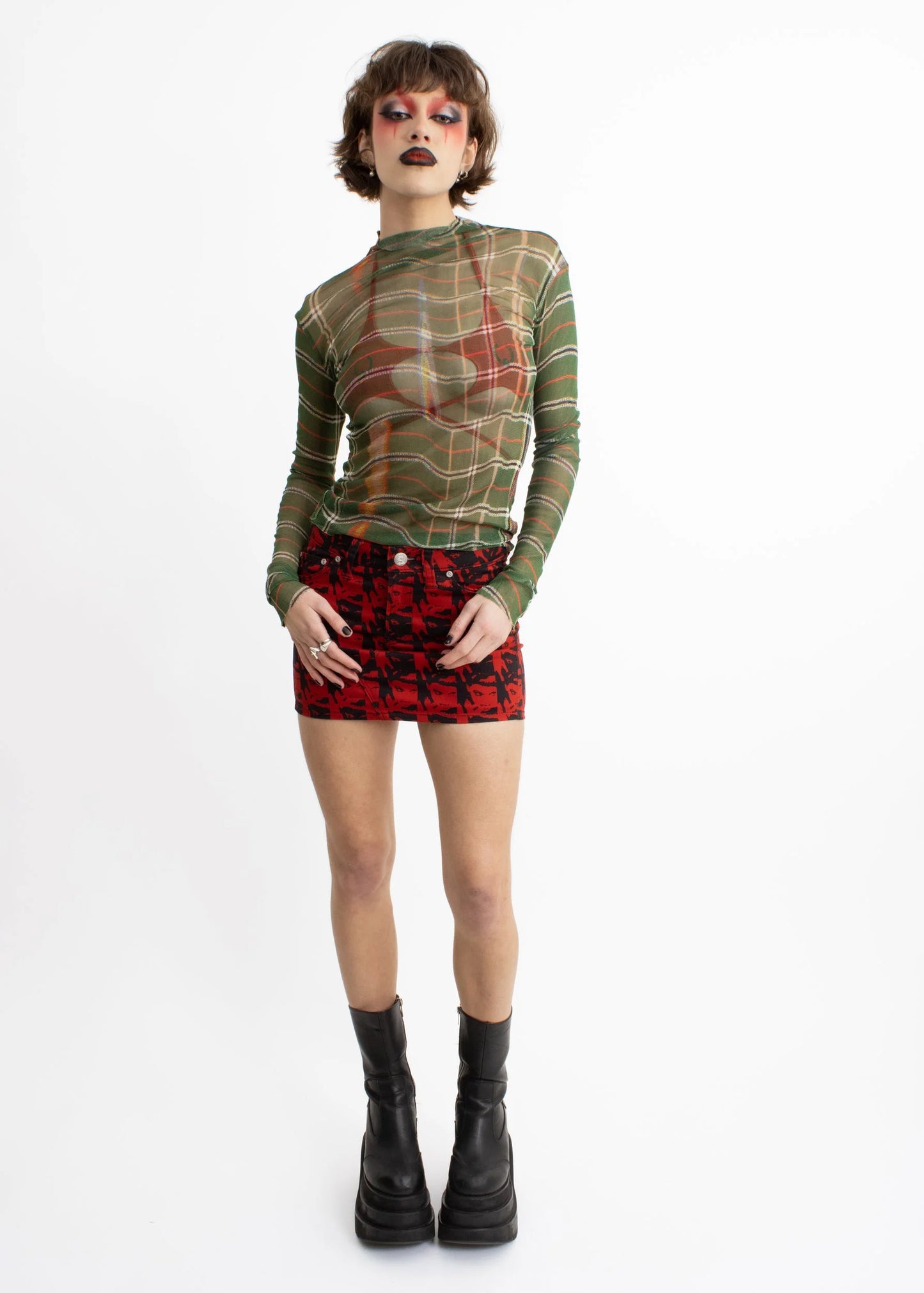 Jimmy D Warped tartan print silk mesh top