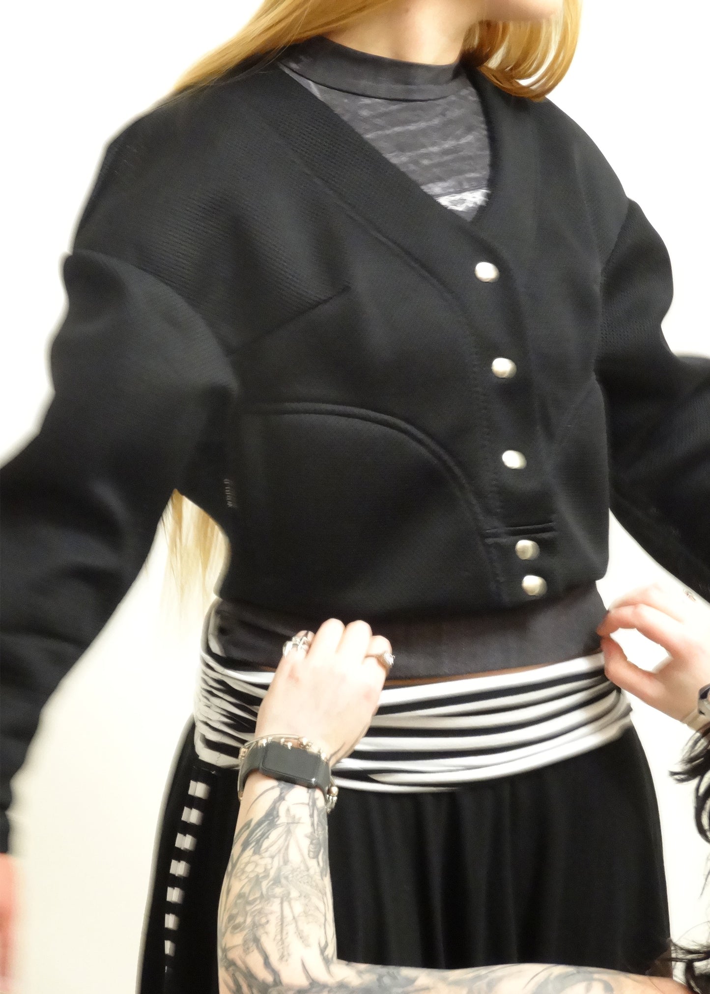 Cropped perforated mesh bomber jacket