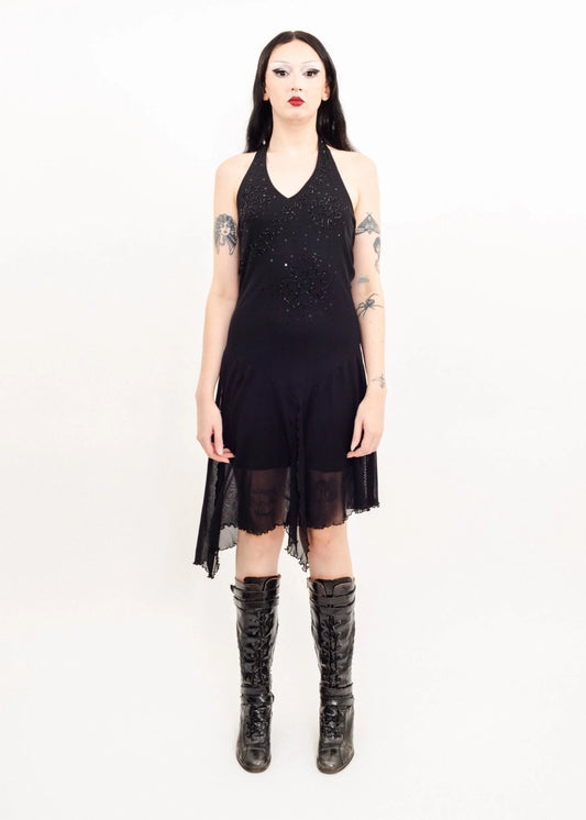 Liya Y2k beaded mesh halter dress