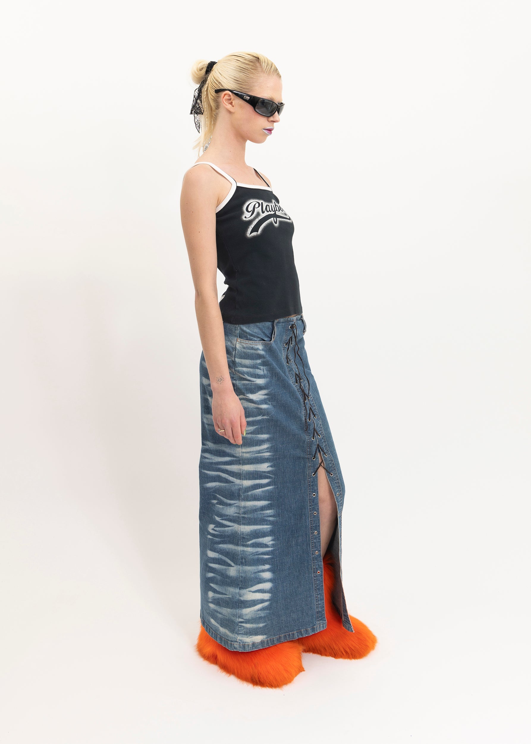 Bizarre Bazaar Y2k lace up bleach effect denim maxi skirt