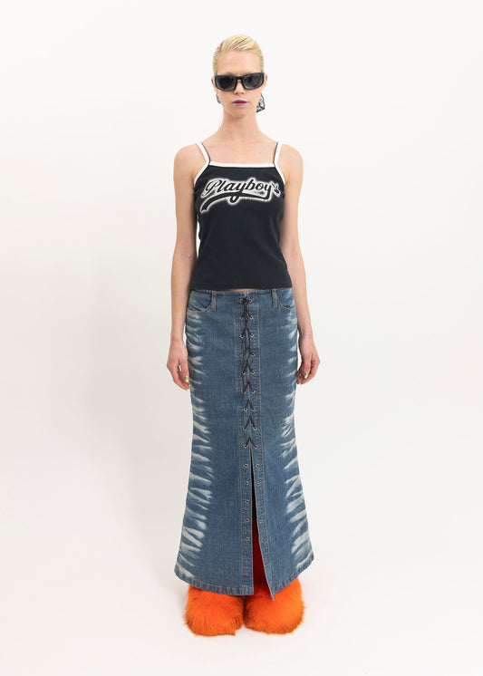 Bizarre Bazaar Y2k lace up bleach effect denim maxi skirt